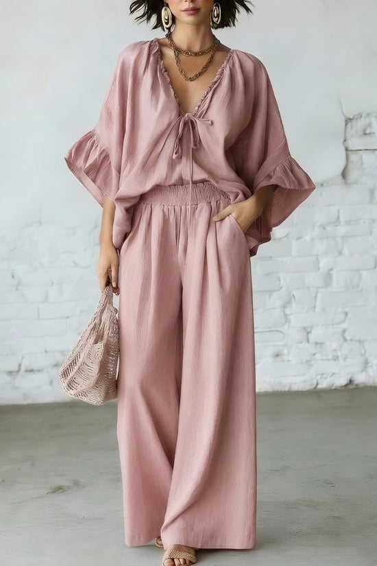 Loose-fit Cotton-linen V-neck Wide-leg Pants Two-piece Set 