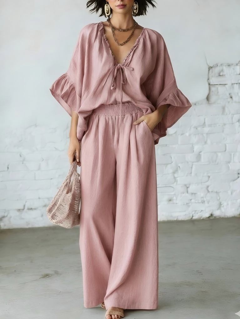 Loose-fit Cotton-linen V-neck Wide-leg Pants Two-piece Set 