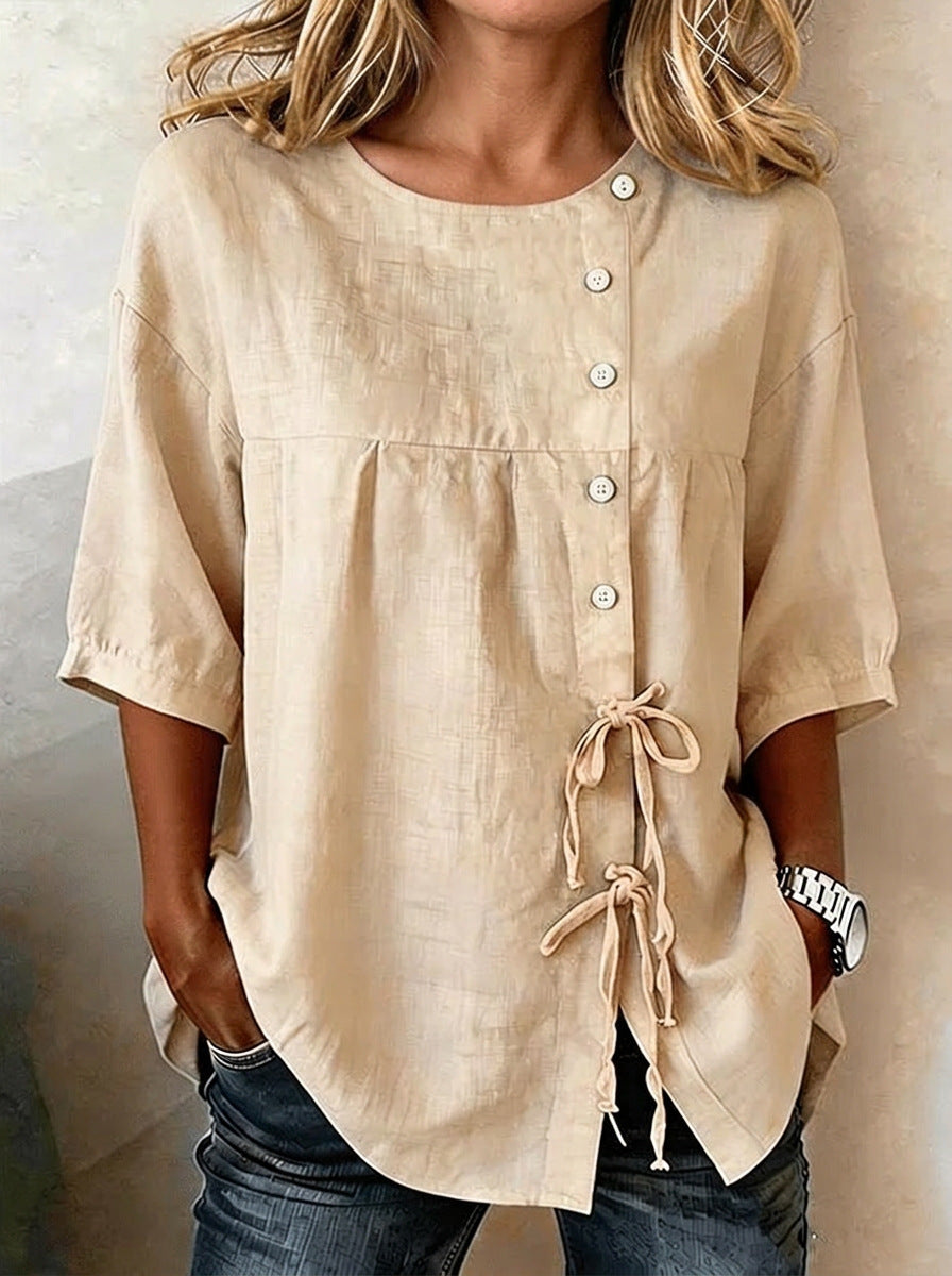 Lace-up Button New Solid-color Shirt 