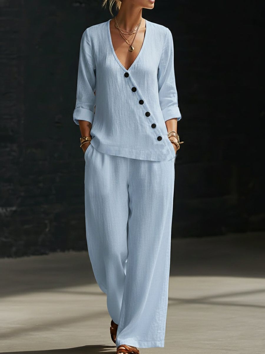 Loose-fitting V-neck Cross-over Shirt And Wide-leg Pants 