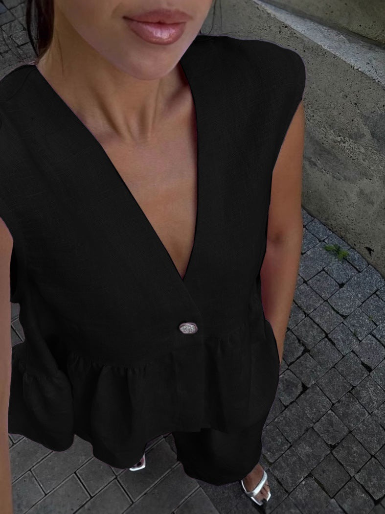 Womens Cotton V-Neck Sleeveless Vest And Wide-Leg Pants Set 