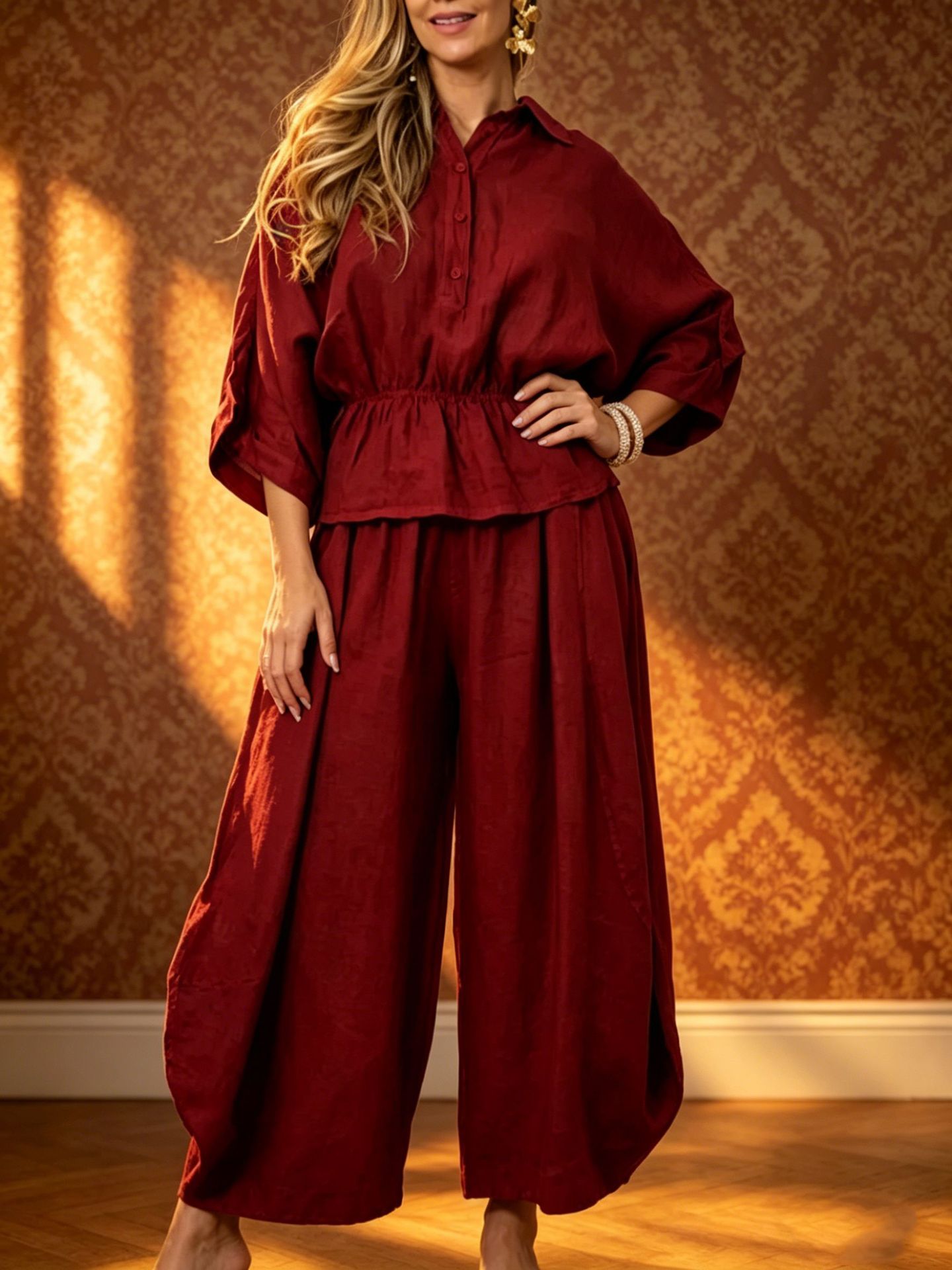 Plus-size Womens Loose Casual Belted Shirt And Wide-leg Pants Set 