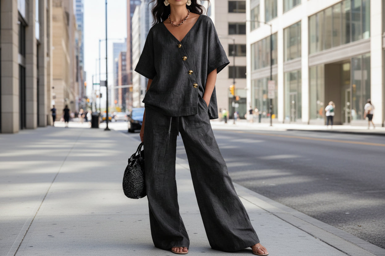 Casual Vacation Loose Cotton-Linen V-Neck Wide-Leg Pants Two-Piece Set 