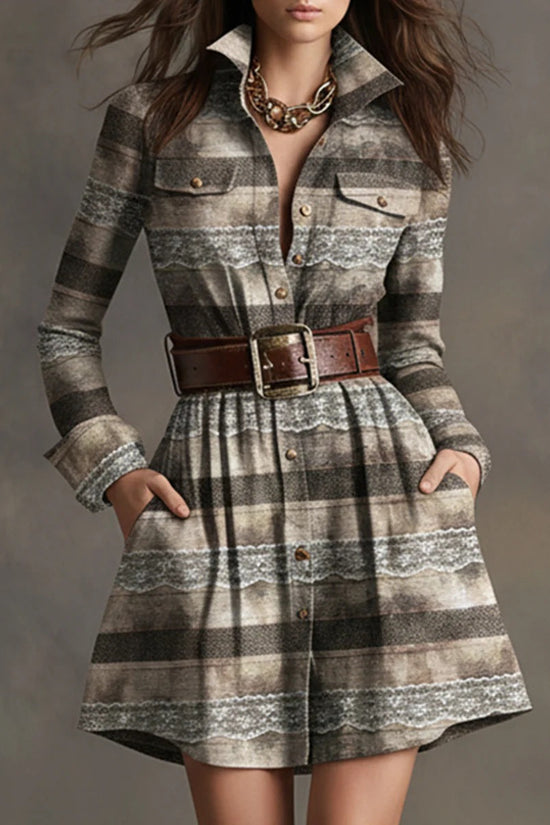European And American Elegant Plaid Long Sleeve Short Dress Belt 