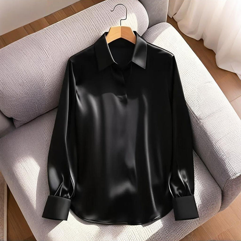Women's Elegant Long Sleeve V-Neck Solid Color Relaxed Fit Solid Shirt, Business Casual Office Blouse For Fall 