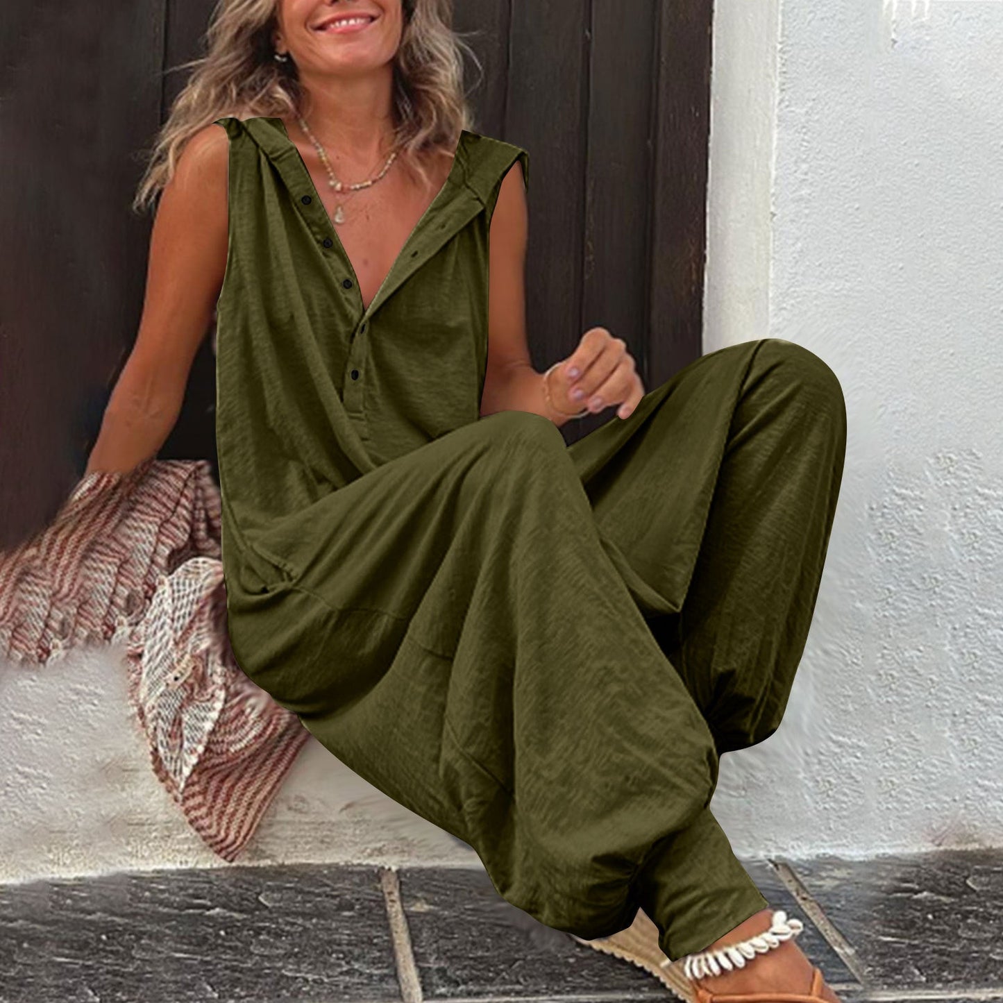 Buttoned Hooded Sleeveless Pants For Women 