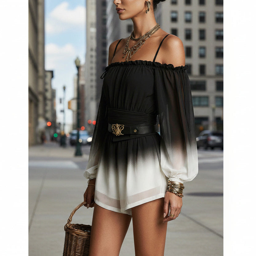 Off-Shoulder Ombre Jumpsuit Womens Summer Sexy Bandage Waist-Fitted Fashionable Shorts With Belt 
