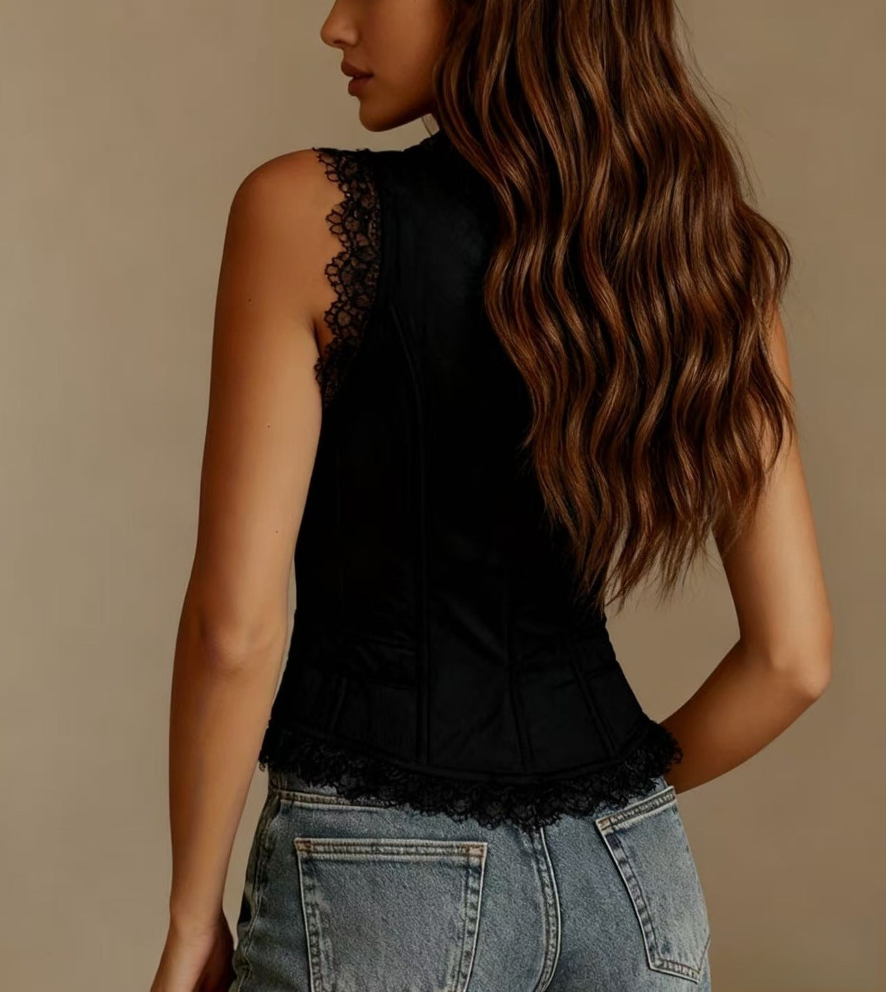 Lace Trim Button-Down Crop Tank Vest Women 