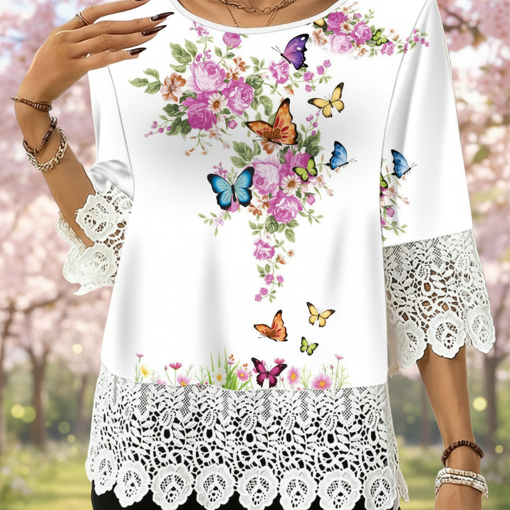 Lace-printed Three-quarter-sleeve T-shirt Top For Women 
