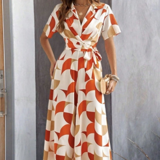 Women's Geometric Pattern Printed Lace Up Shirt Jumpsuit CJ