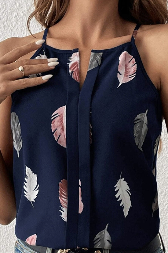 Women’s Feather Print Notch V-Neck Camisole Vest CJ US