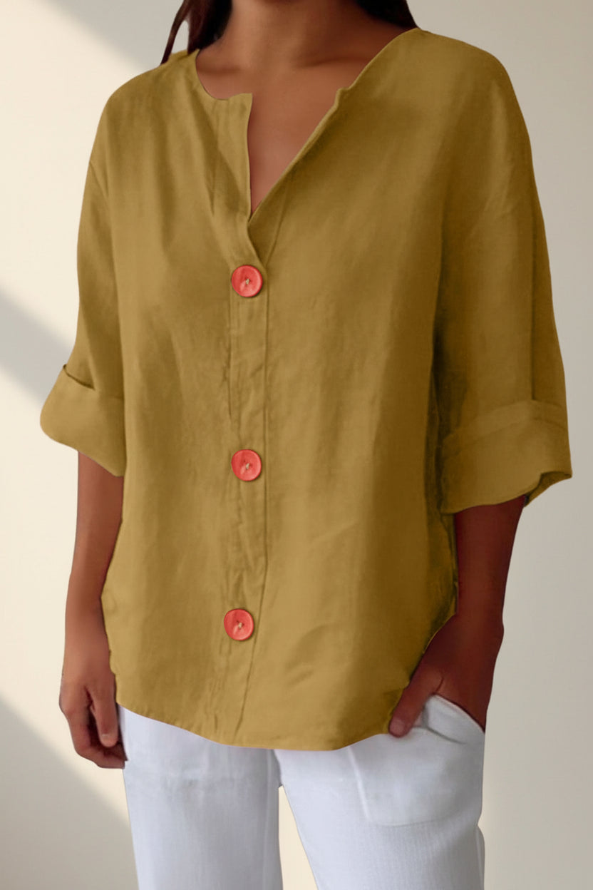 Women's V-neck cotton and linen buttoned blouse 