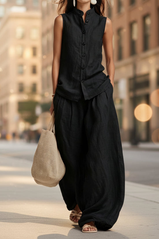 Womens Casual Cotton-Linen Sleeveless Crew-Neck Vest Top And Pants Two-Piece Set 
