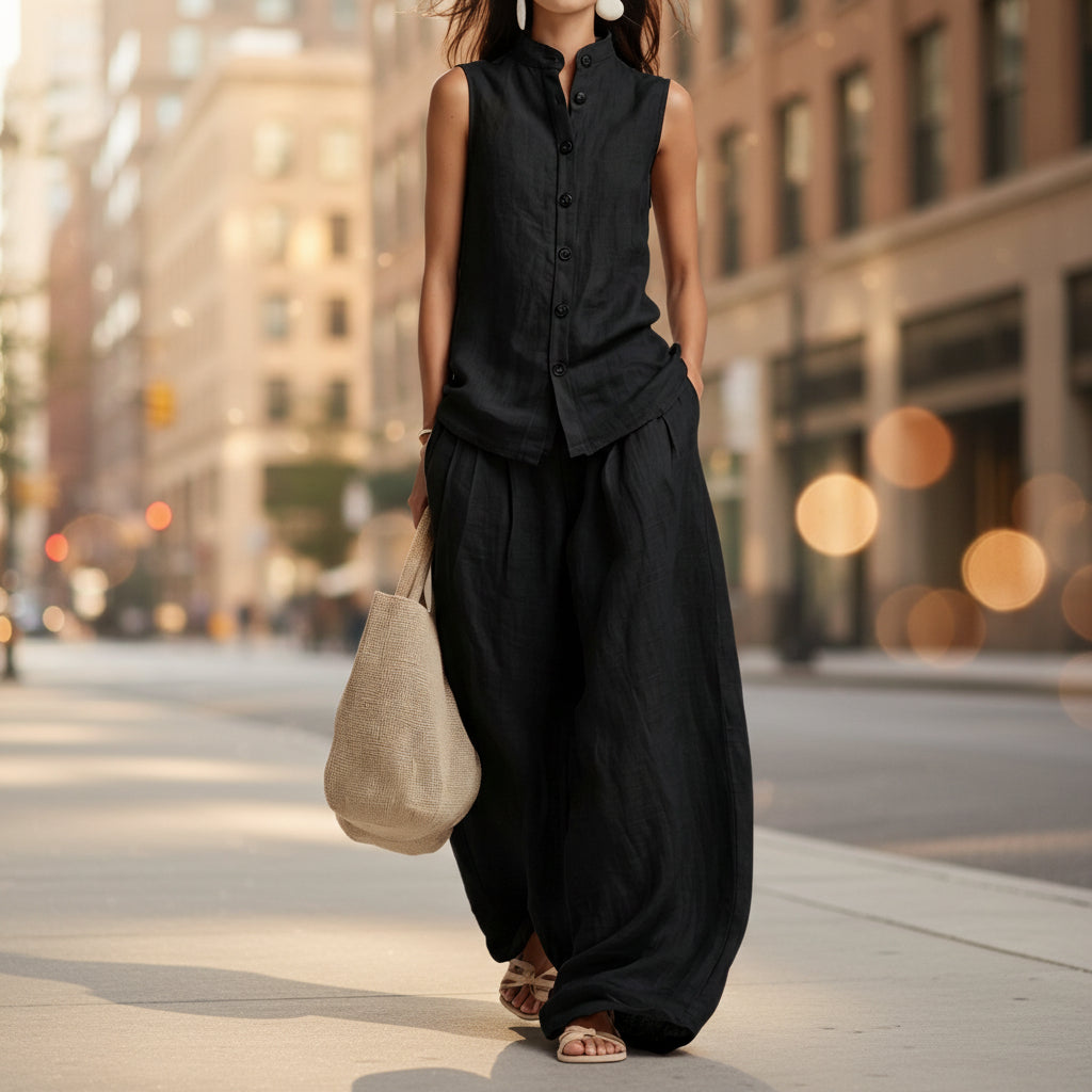 Womens Casual Cotton-Linen Sleeveless Crew-Neck Vest Top And Pants Two-Piece Set 