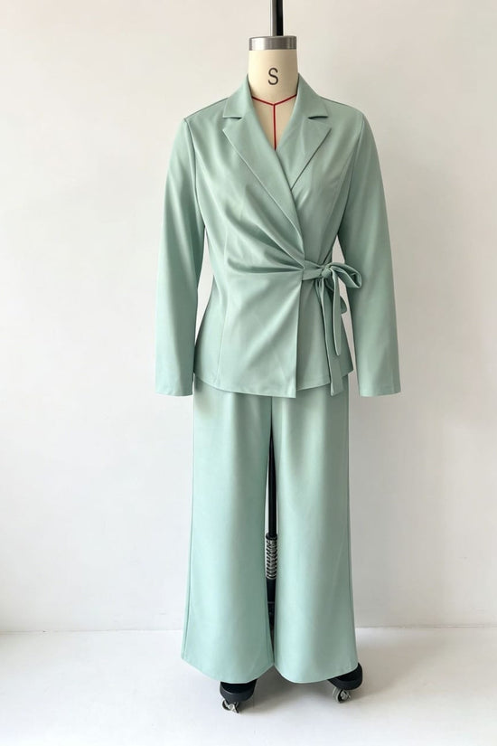 Women's Wrap Tie Blazer & Wide Leg Pants Suit Set 