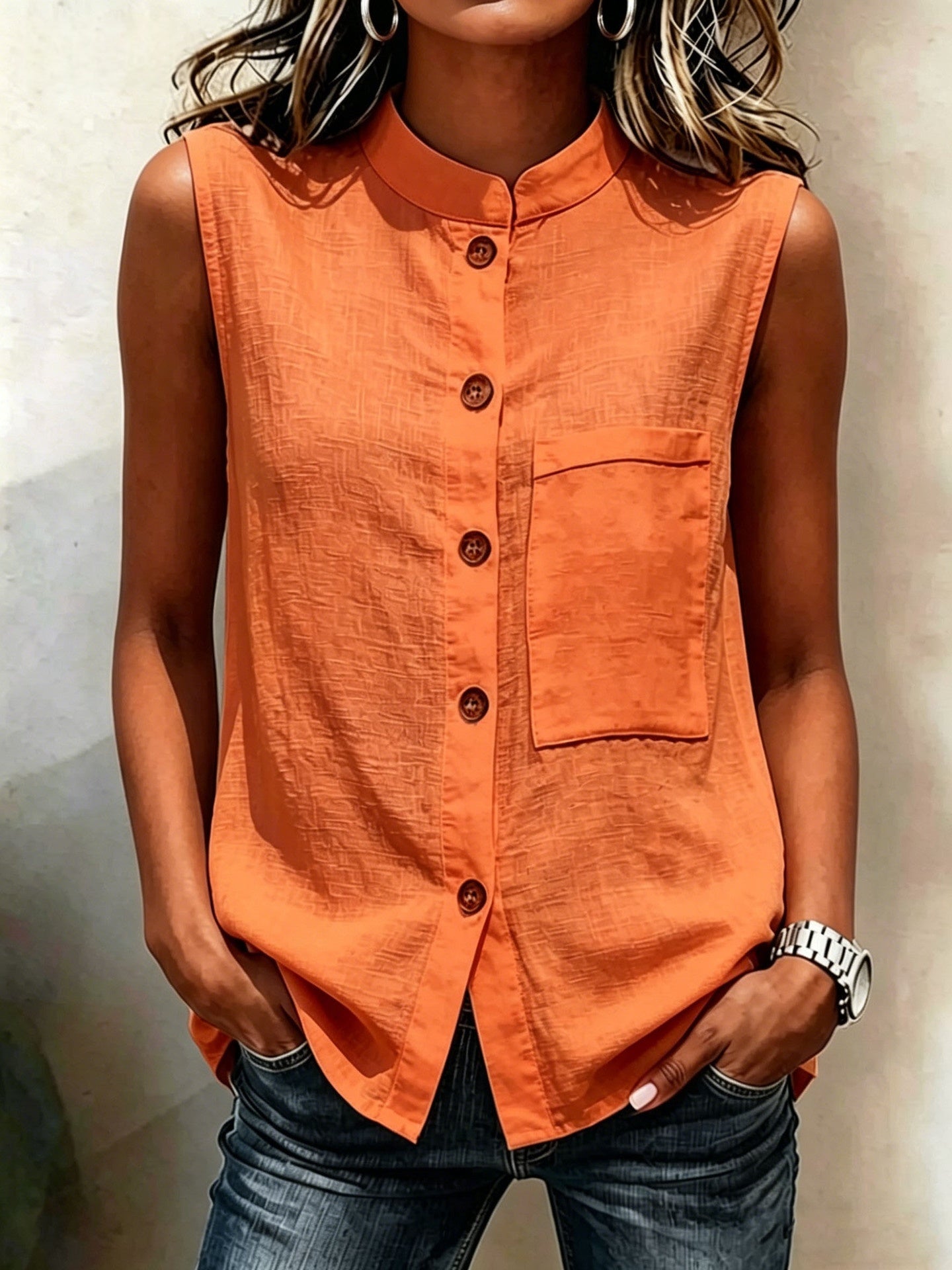 Fashionable Casual Solid-color Top With Buttoned Pockets 
