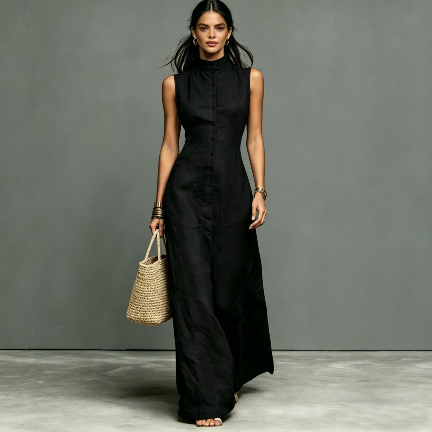 Blended Fabric Stand-up Collar Single-breasted Sleeveless Maxi Dress 