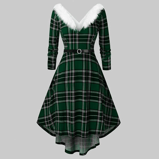 Christmas Women's Fur Patchwork V-neck Long Sleeved Dress CJ