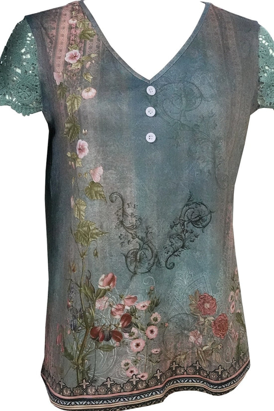 Women’s Floral Lace Sleeve Top – Elegant Short Sleeve Blouse CJ