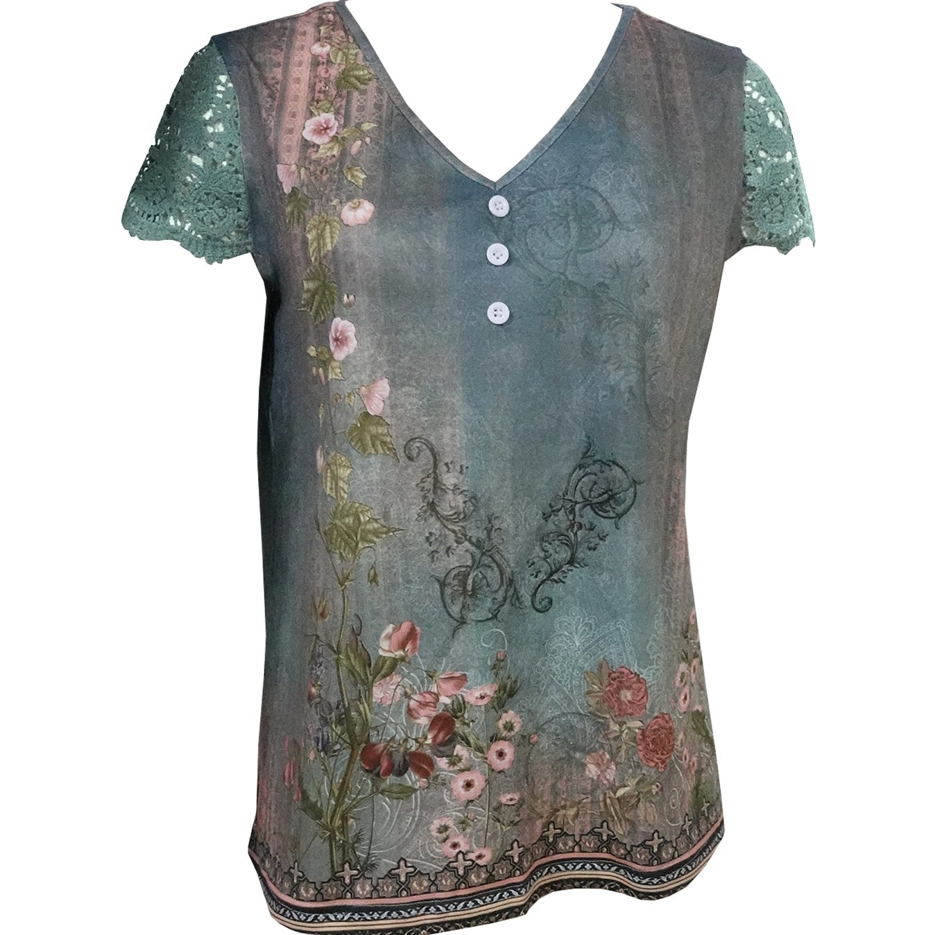 Women’s Floral Lace Sleeve Top – Elegant Short Sleeve Blouse CJ