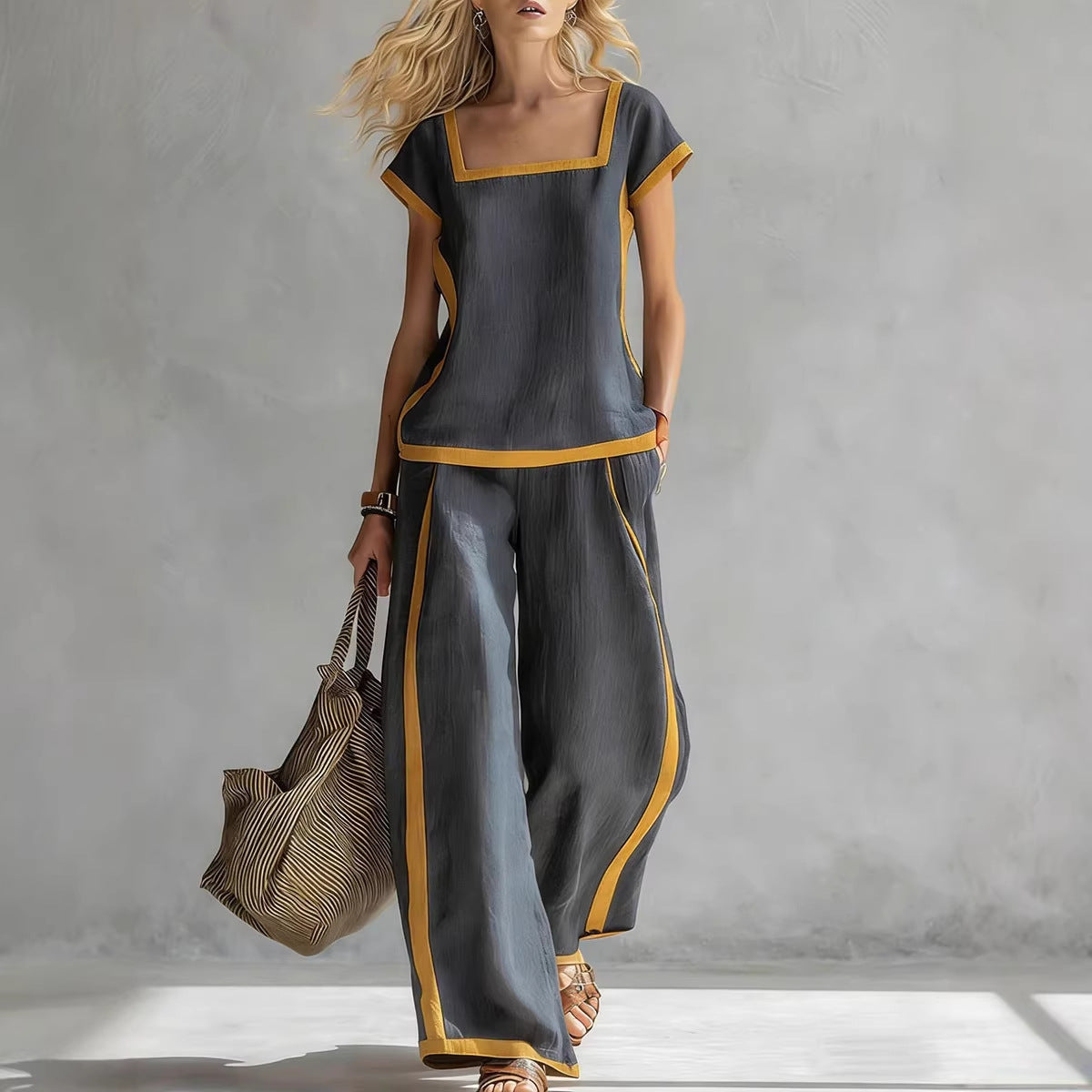 Solid Color Shirt & Wide-Leg Trousers Two-Piece Set 