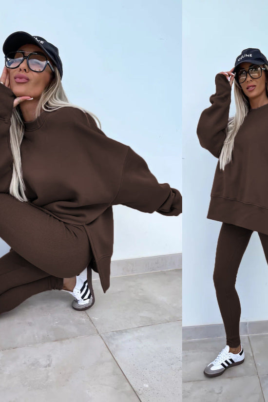 Sweater Suit Women's Casual Loose Long Sleeve Crew Neck Split Top Tight Trousers 