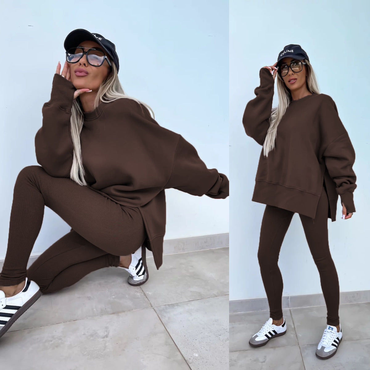 Sweater Suit Women's Casual Loose Long Sleeve Crew Neck Split Top Tight Trousers 
