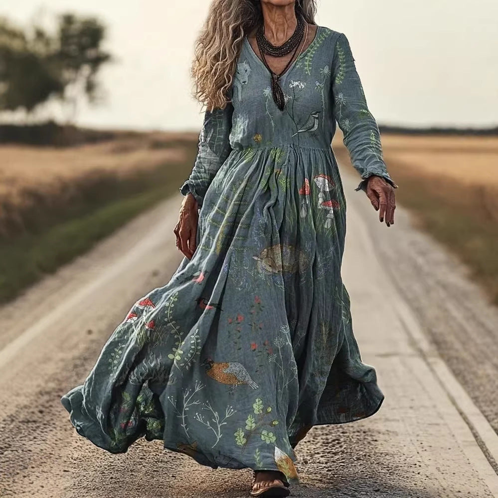Personalized Retro Chic V-Neck Long-Sleeve Dress 