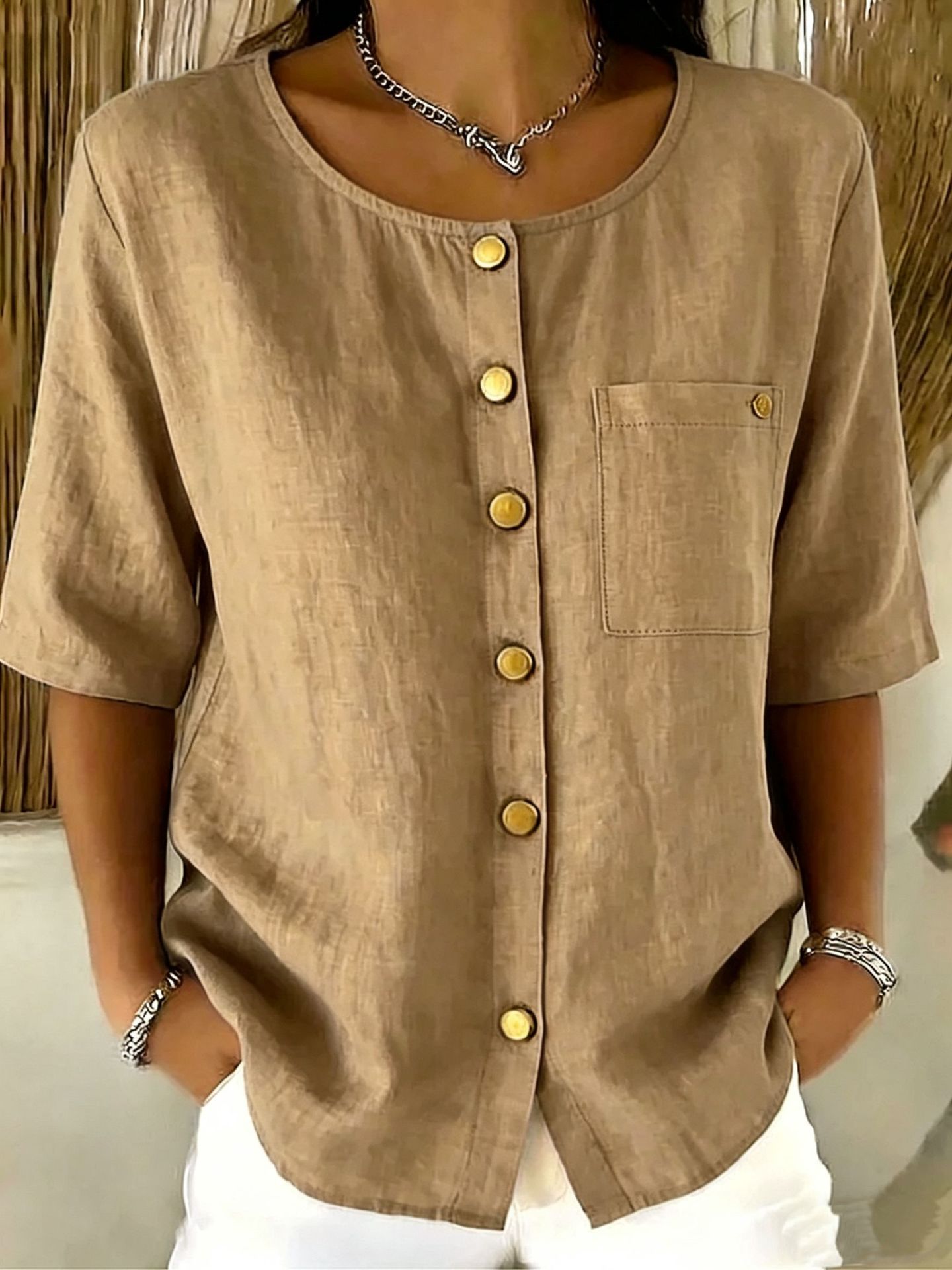 Womens Crew-Neck Shirt With Metal Buttons And Three-Quarter Sleeves 