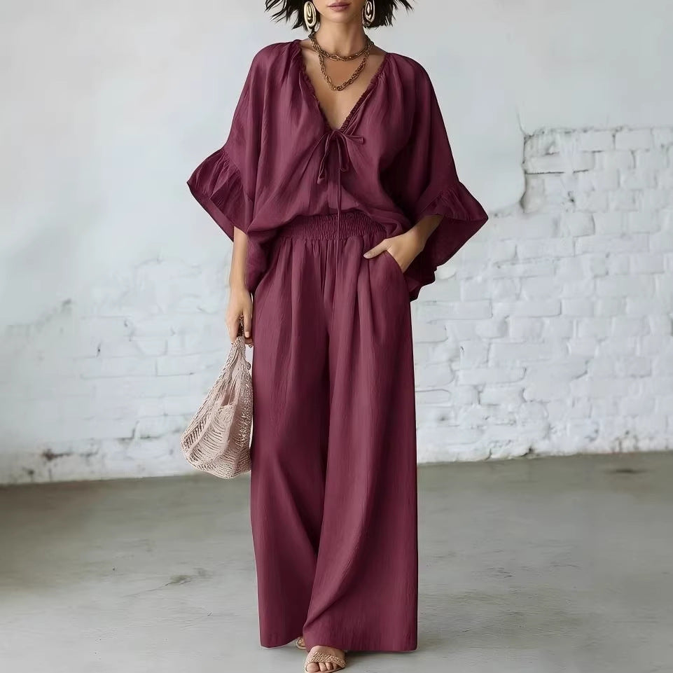 Loose-fit Cotton-linen V-neck Wide-leg Pants Two-piece Set 