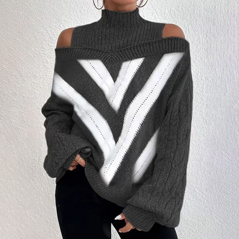 Women’s Elegant Off-Shoulder Turtleneck Sweater — Long Sleeve Knit Top 
