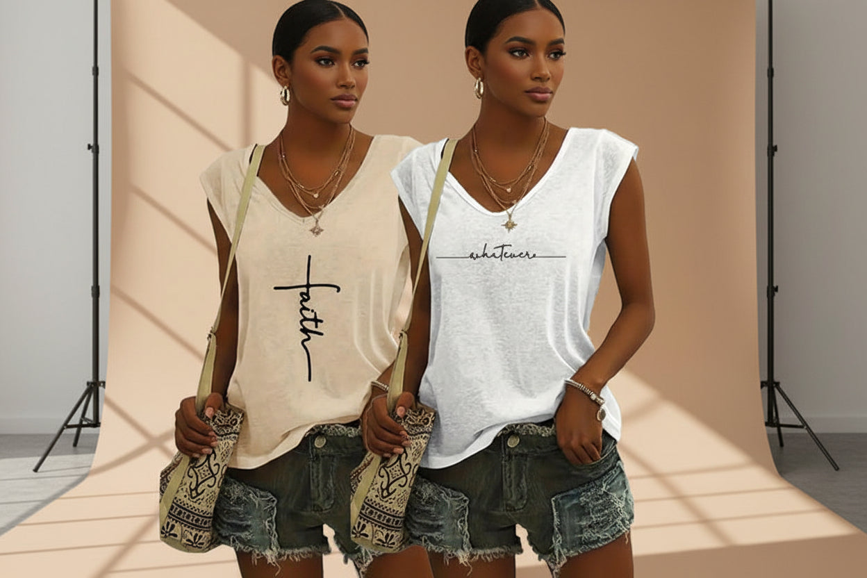 2-Pack Women's V-Neck Sleeveless Tank Tops – Loose Fit Casual Summer Beach Shirts FitiqueFit