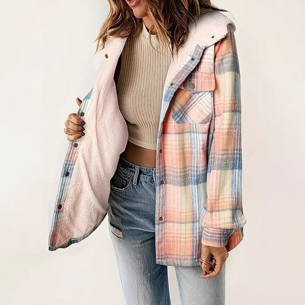 Women's Plaid Button-Up Long Sleeve Jacket Fall Winter  Flap Button Pocket Design Casual Hooded Fleece-Lined Warm Coat CJ US