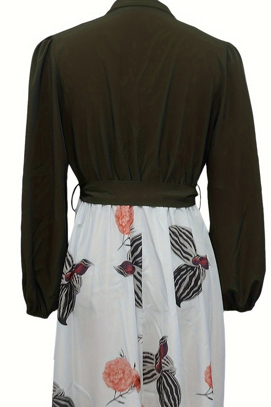 Ladies' Fashion Printed V-neck Waist Strap Casual Dress CJ