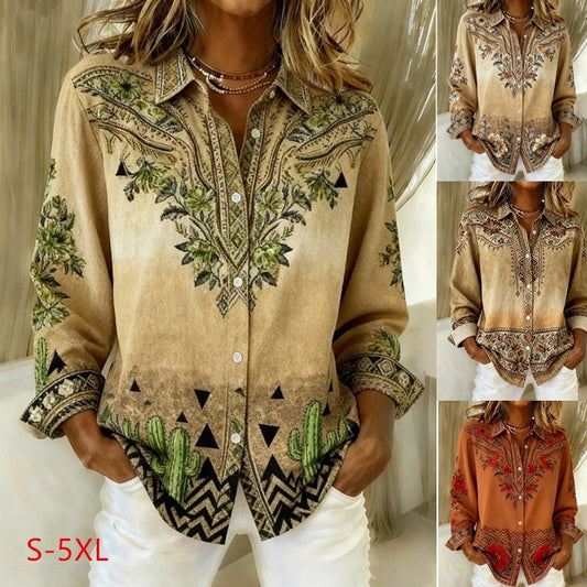 Womens Loose-Fitting Long-Sleeve Lapel-Neck Printed Shirt 