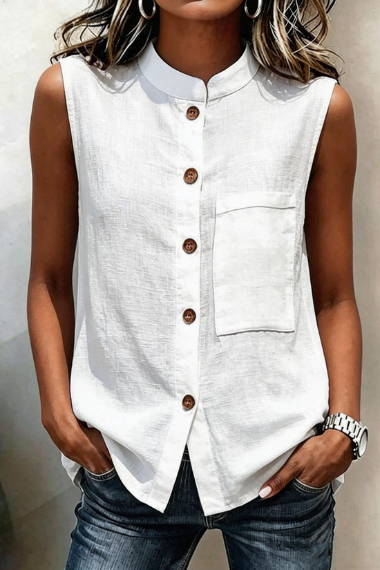 Fashionable Casual Solid-color Top With Buttoned Pockets 