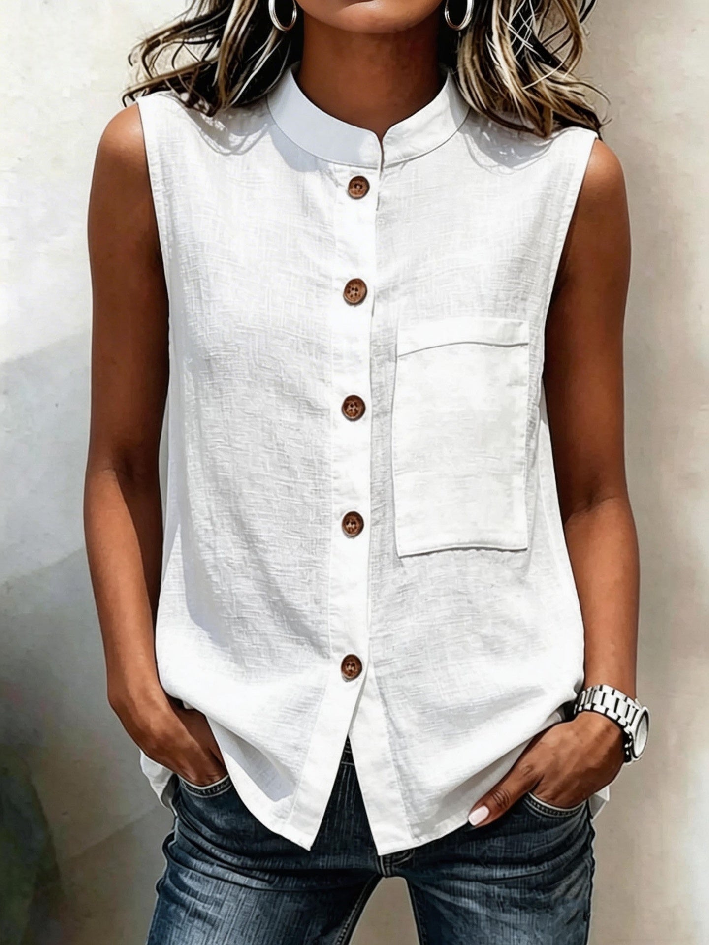 Fashionable Casual Solid-color Top With Buttoned Pockets 