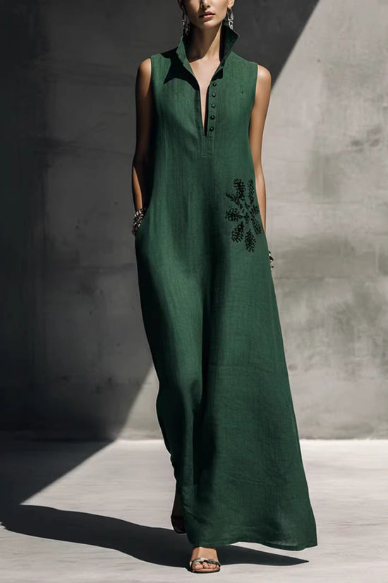 Heat-transfer Graphic Pocket Casual Mandarin-collar Cotton-linen Dress 