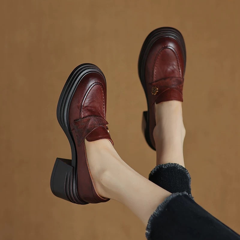 Vintage Womens Chunky-heeled Leather Shoes 