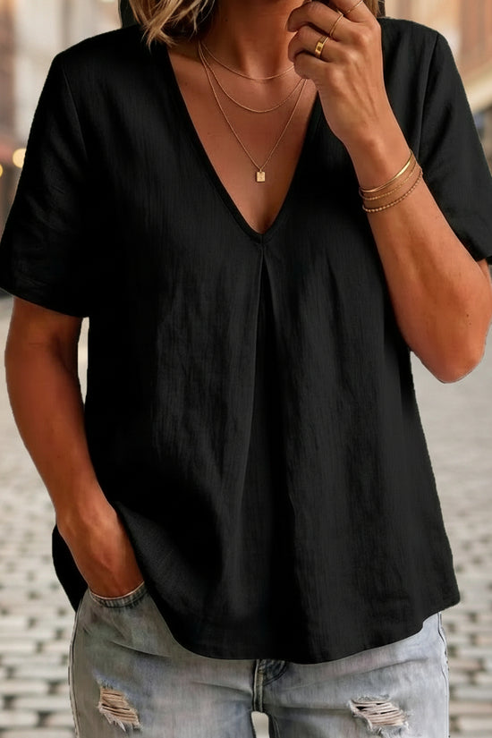 Women's Solid-Color Pleated Cotton-Linen Short-Sleeve Shirt T-Shirt 