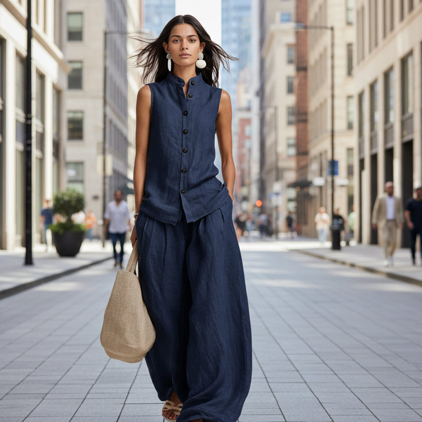Stand-up Collar Sleeveless Shirt And High-waisted Wide-leg Pants Set 