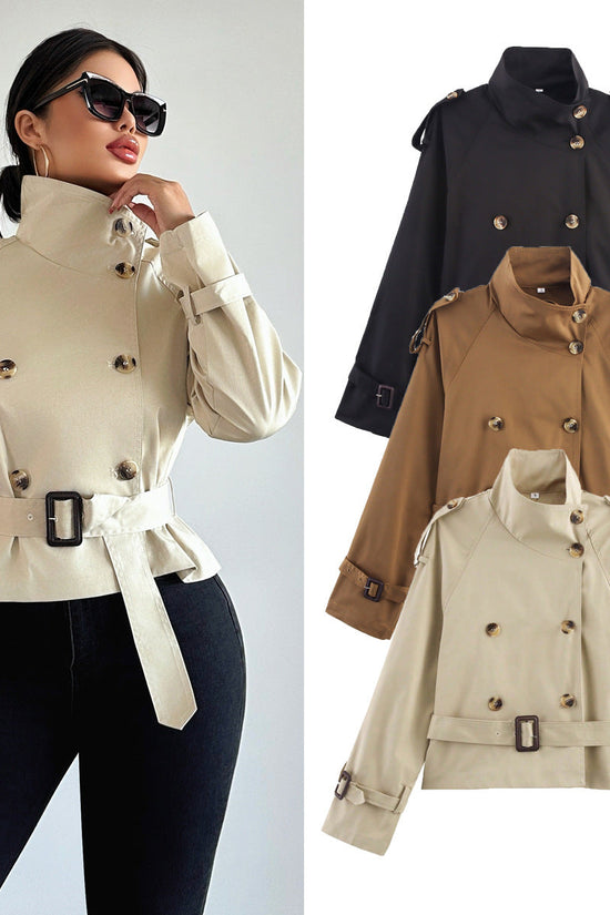 Notch-collar Short Trench Coat For Women With Belt Buckle Detailing 