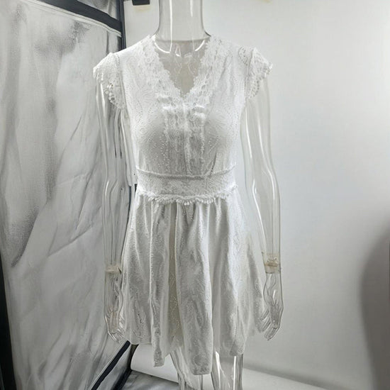 Women’s V‑Neck Short‑Sleeve Dress with Lace Trim CJ US