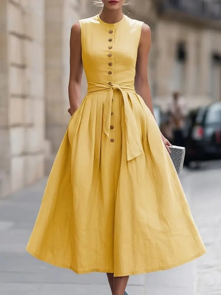 Fitted-waist, Sleeveless Cotton-linen Solid-color Maxi Dress 