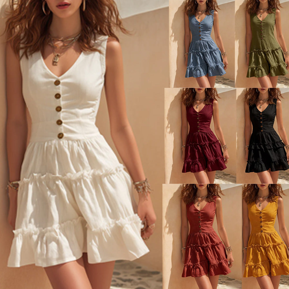 Sleeveless Linen Fashionable Casual Button-Up Dress 