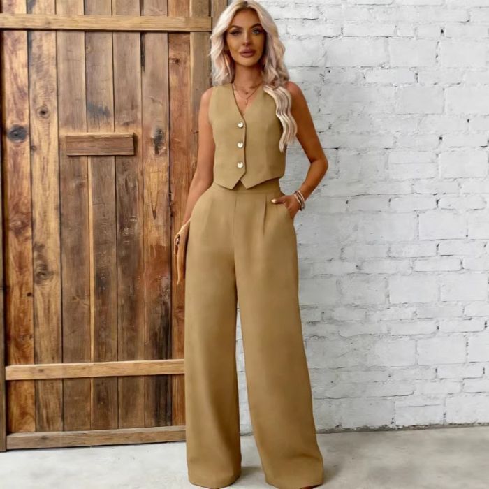 Womens Fashion Plus-Size Buttoned Vest Set 