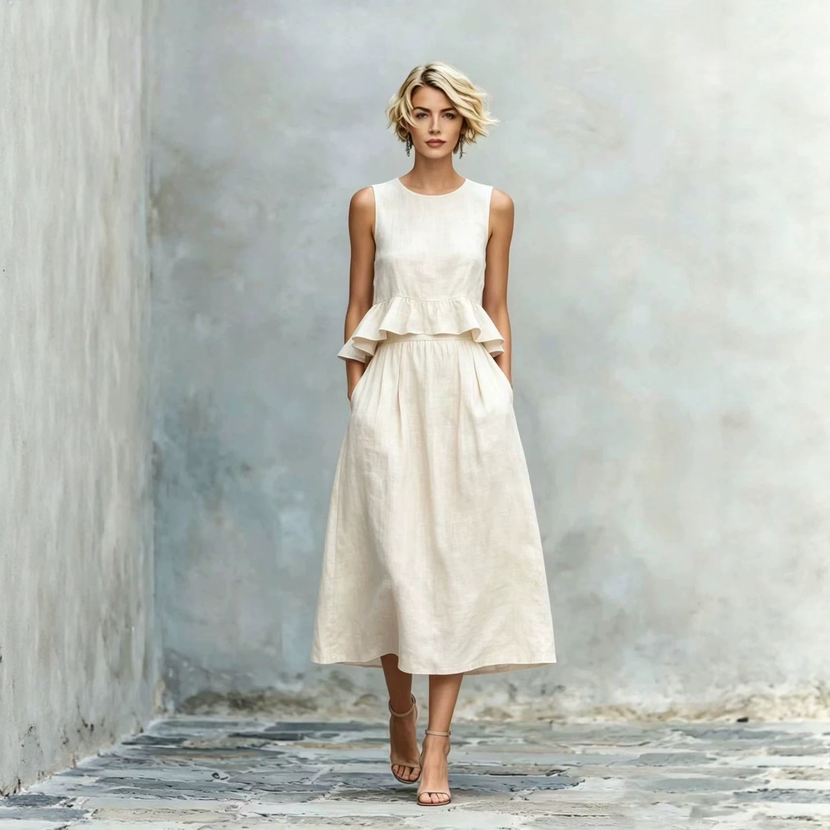 Sleeveless Crew-Neck High-Waisted Ruffle-Trim Resort-Style Dress 