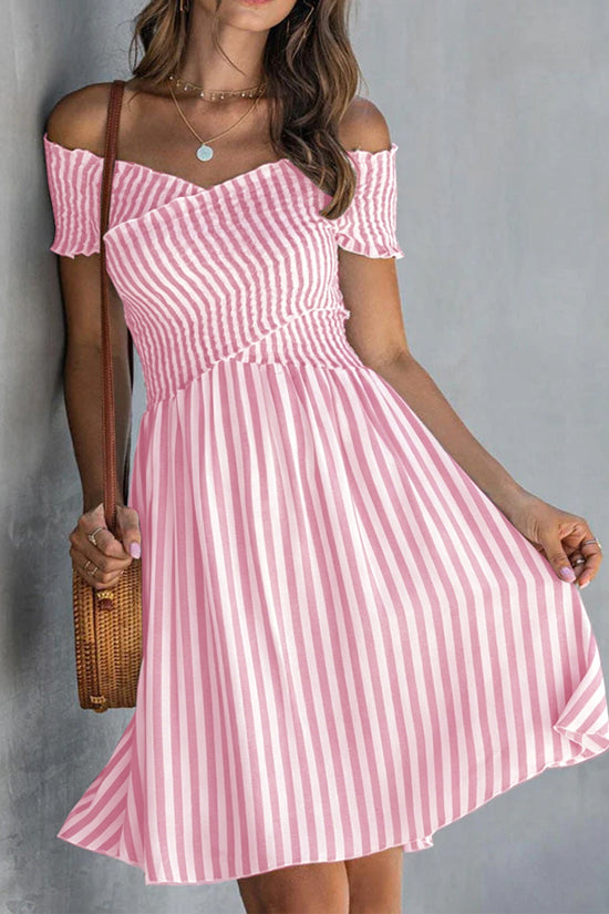 Off-the-shoulder Striped Waist-cinching Dress European And American Style 