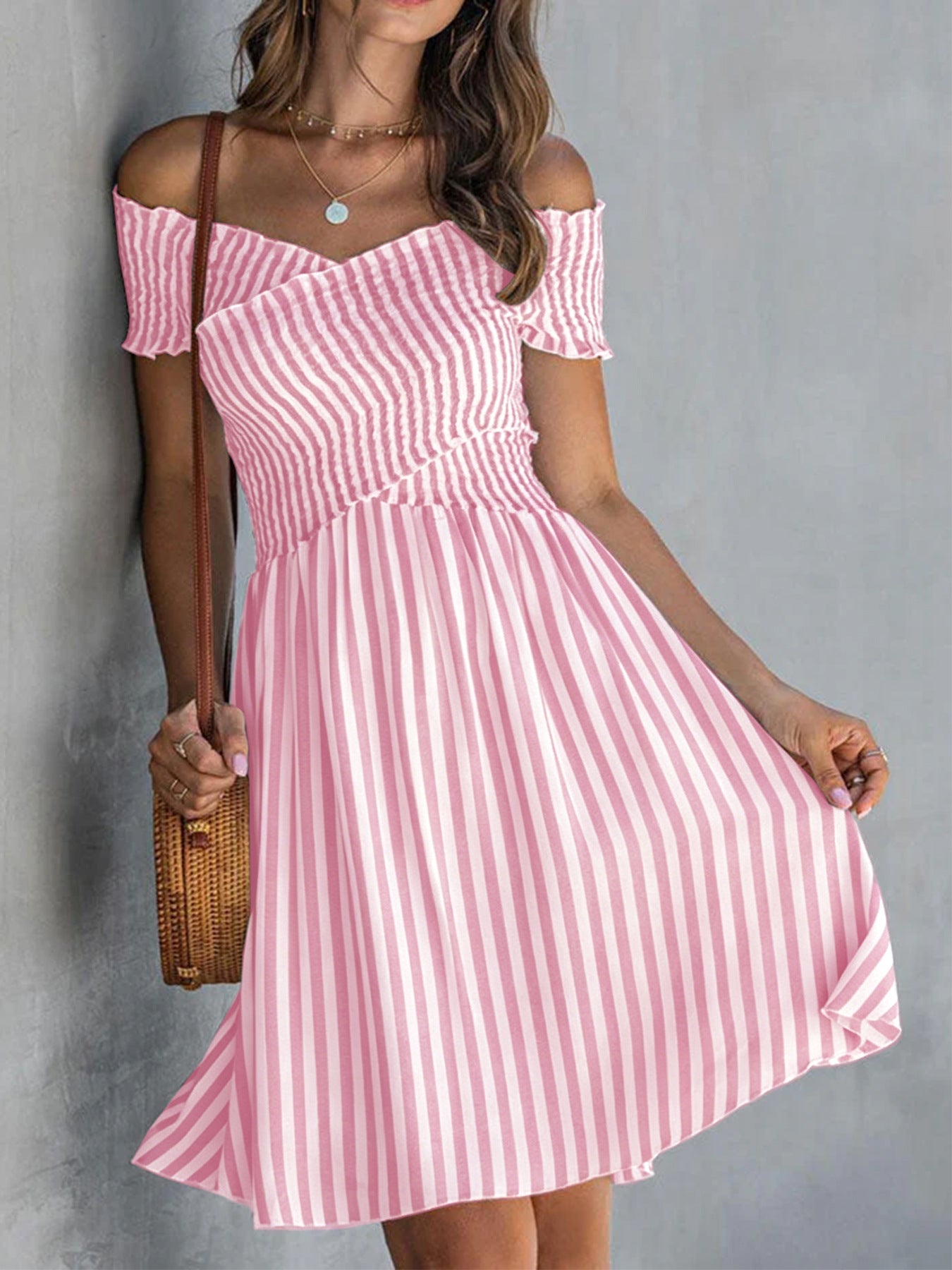 Off-the-shoulder Striped Waist-cinching Dress European And American Style 