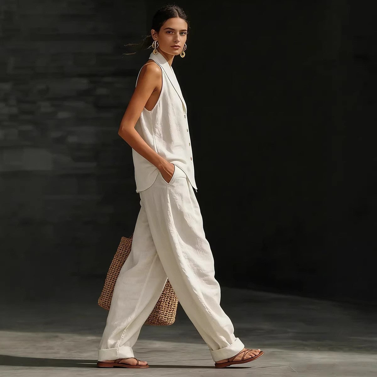 Wide-leg Pants Suit Womens Cotton-linen Fashionable Two-piece Set 